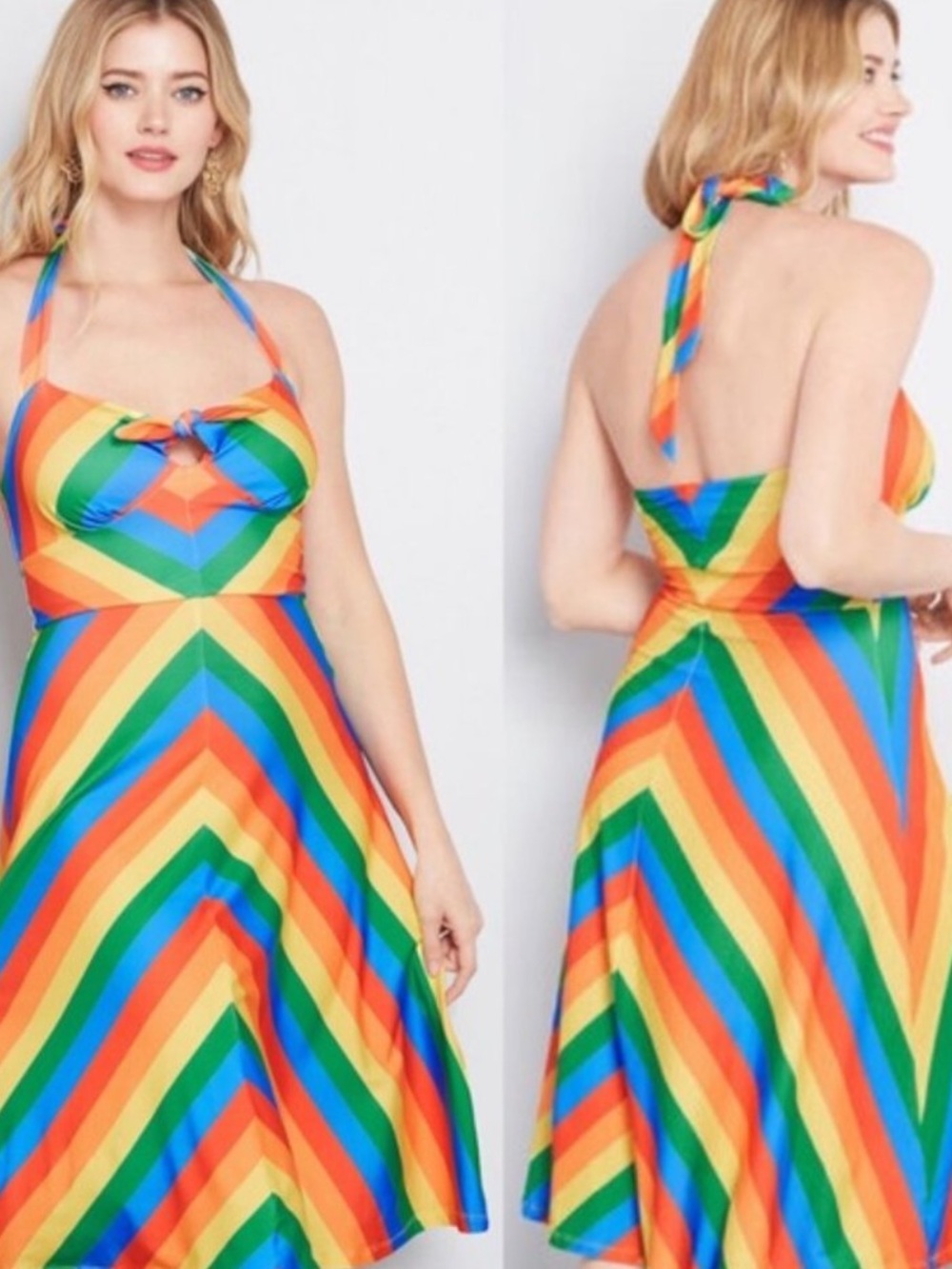 ModCloth Rainbow Halter Dress Striped Sundress Size 1X Summer Festival Retro